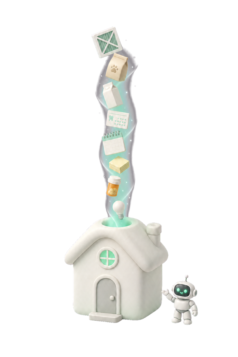 The same clay house, calm now — the to-dos flowing in as a tidy mint stream while Chorie, the home's AI agent, stands by