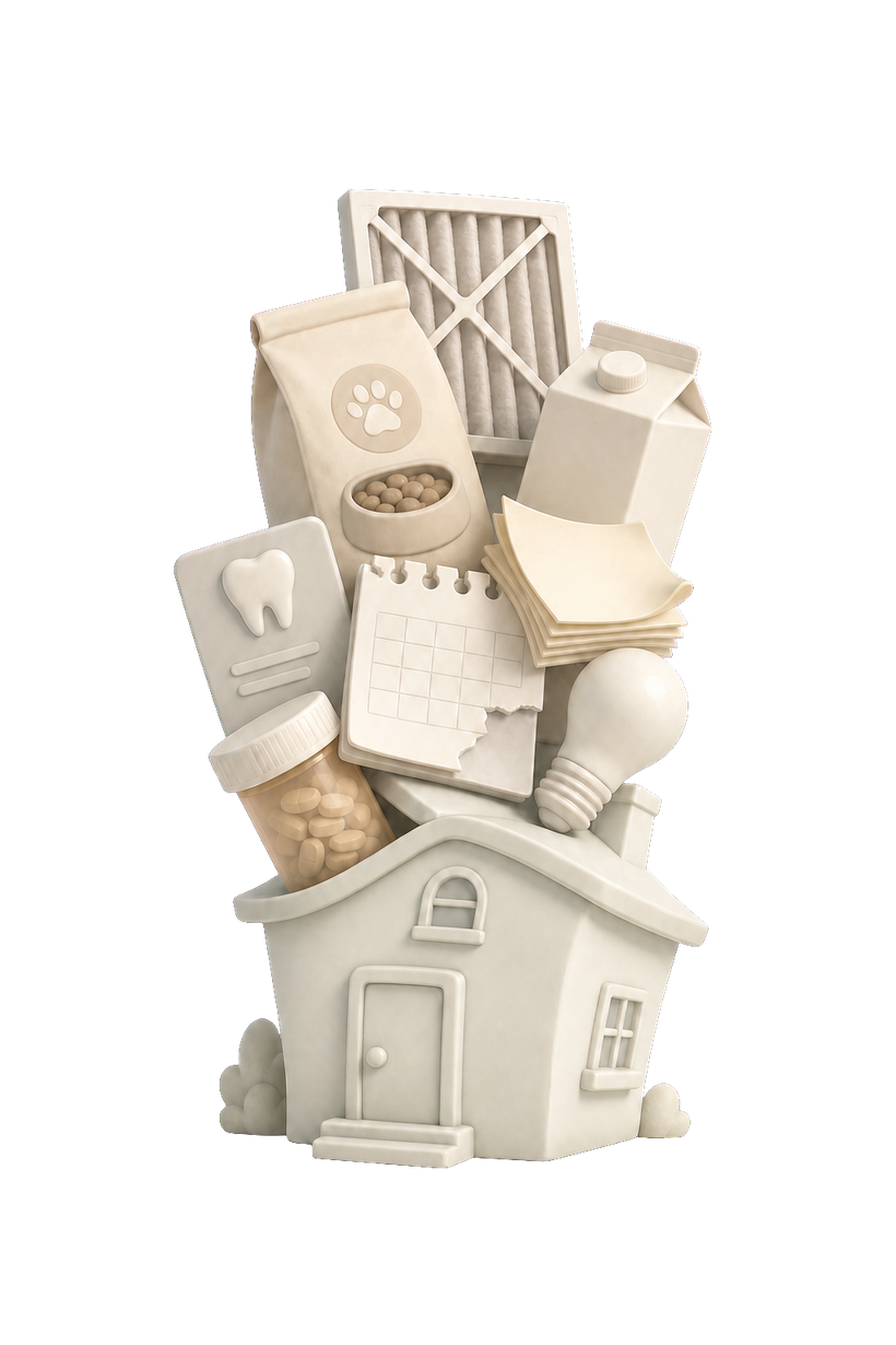 A little clay house buried under a teetering pile of everyday to-dos — the air filter, the dog food, the dentist card, the calendar, the bills