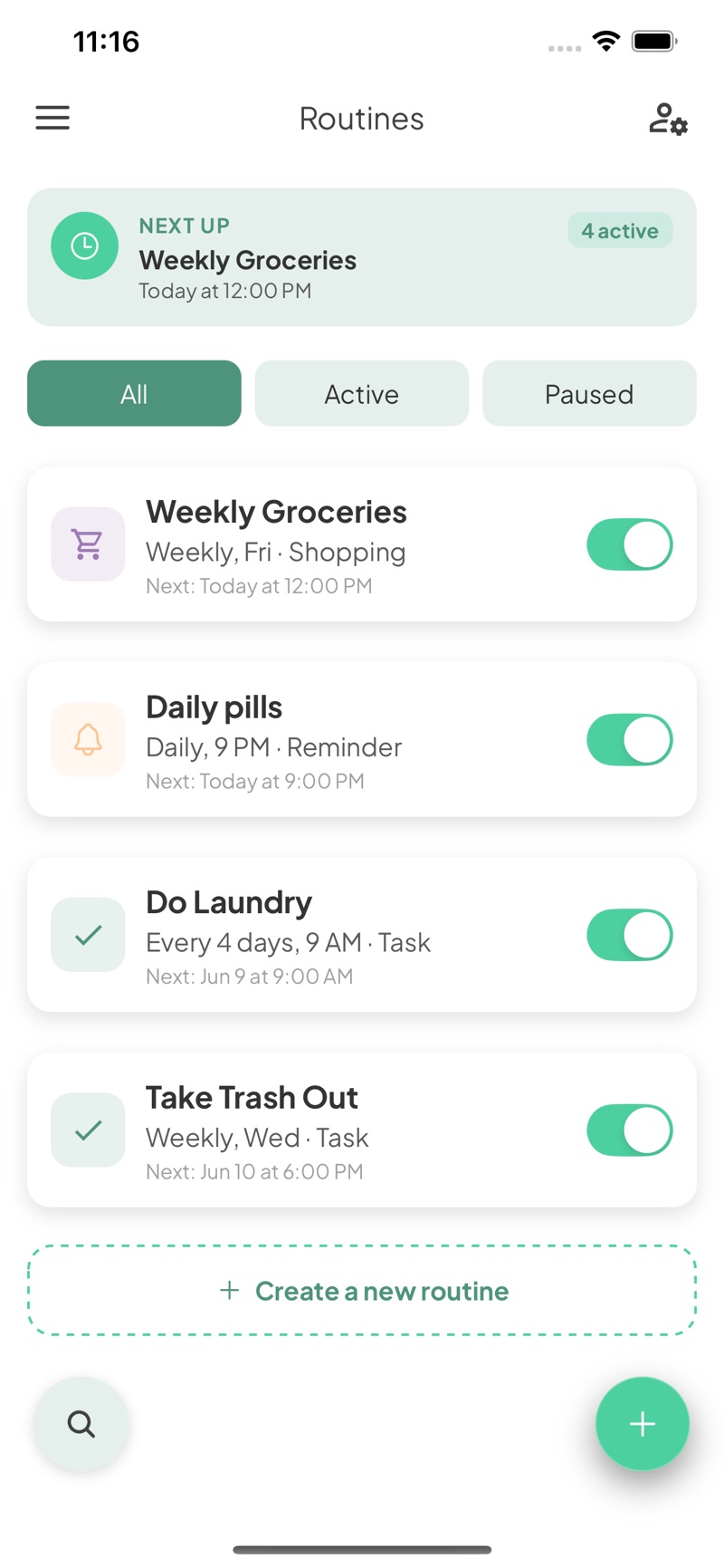 Your routines — groceries, pills, laundry, trash — running on schedule
