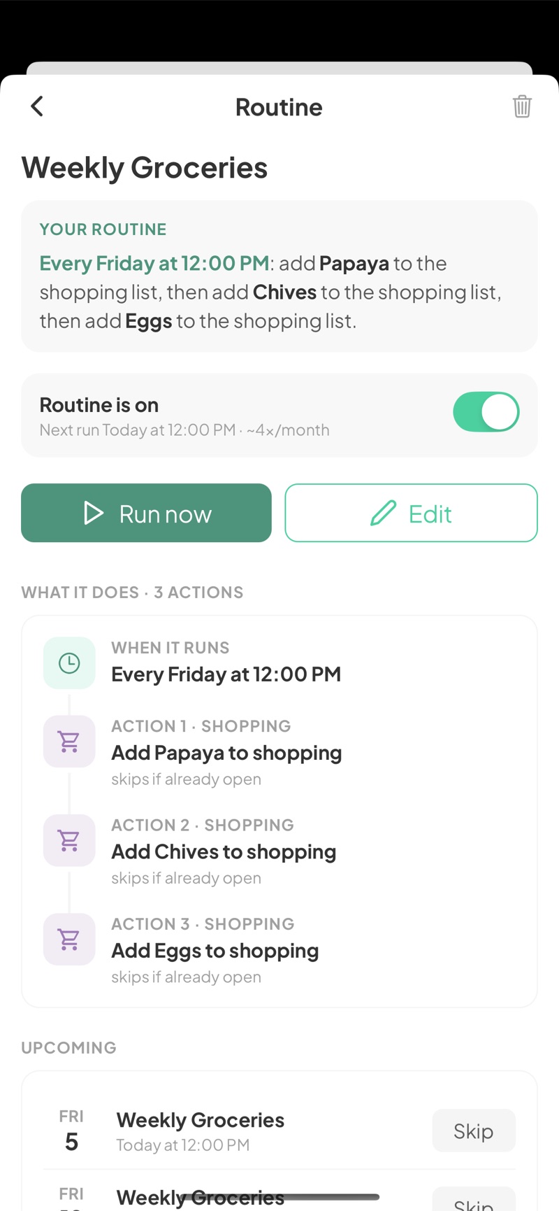 Inside a routine — every Friday it adds groceries to the list, in three steps