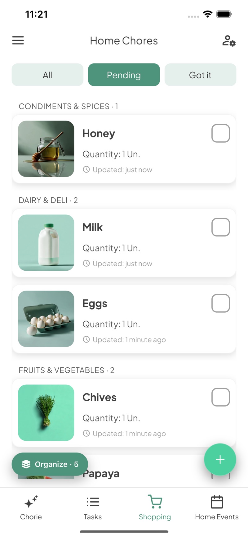 The shared shopping list, organized by category with product photos