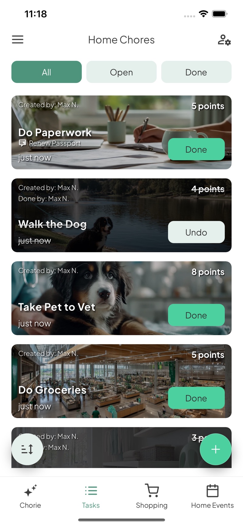 The shared task board — chores with photos and points, checked off by the household