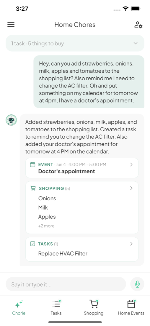 Chorie turning one message into an event, a task, and shopping items